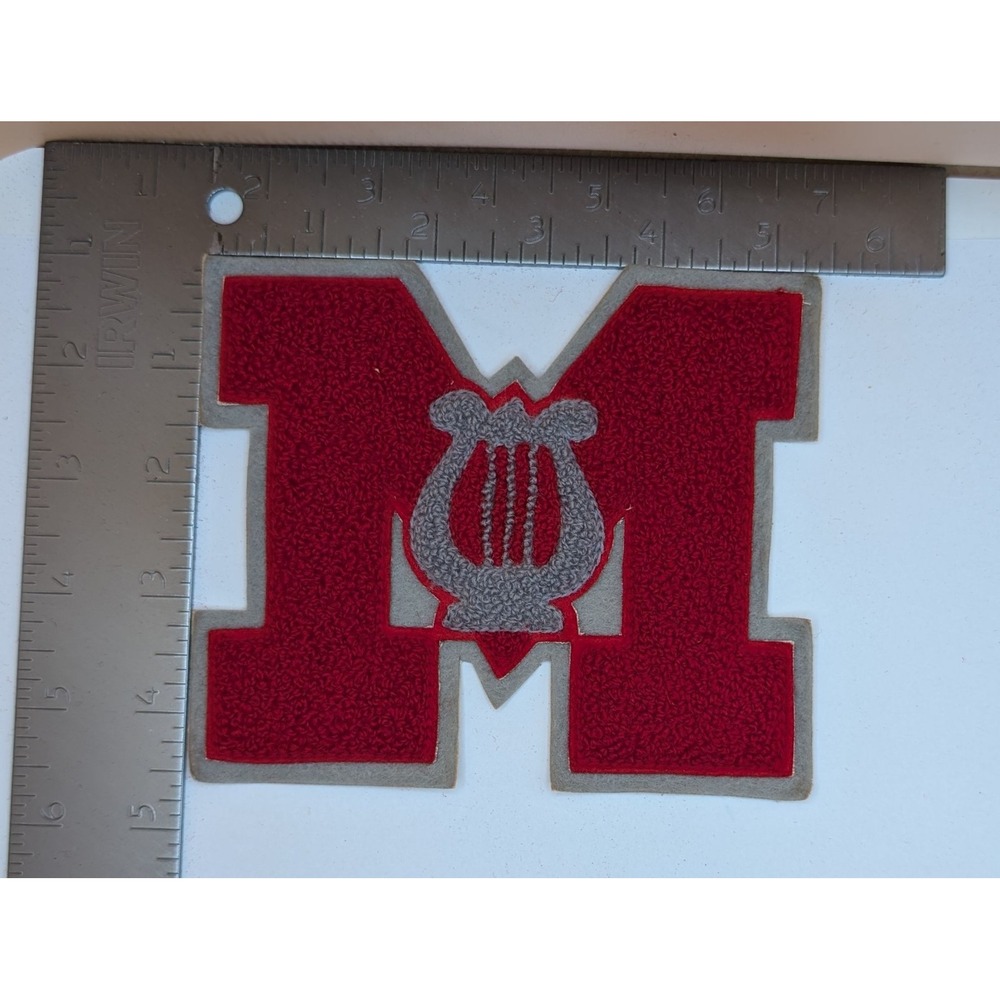 Vintage Varsity Letter M Music Band Lyre Letterman Jacket Patch Red Grey